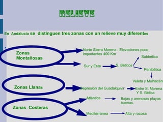 relieve

En Andalucia   se distinguen tres zonas con un relieve muy diferentes


                                       Norte Sierra Morena . Elevaciones poco
     Zonas                             importantes 400 Km
     Montañosas                                                           Subbética

                                       Sur y Este         S. Béticos
                                                                             Penibética


                                                                       Veleta y Mulhacén
    Zonas Llanas                     Depresión del Guadalquivir         Entre S. Morena
                                                                        Y S. Bética
                                         Atlántica           Bajas y arenosas playas
                                                             buenas.
    Zonas Costeras
                                        Mediterránea              Alta y rocosa
 