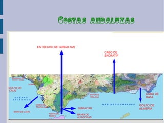Costas andaluzas


                           ESTRECHO DE GIBRALTAR
                                                                     CABO DE
                                                                     SACRATIF




  MARISMAS DEL
  TINTO Y ODIEL

                  DOÑANA

GOLFO DE
CÁDIZ
                                                          BAHÍA DE                 CABO DE
                                                          MÁLAGA                   GATA

                           CABO DE                                              GOLFO DE
                           TRAFALGAR
                                                   GIBRALTAR                    ALMERÍA
   BAHÍA DE CÀDIZ
                                       PUNTA DE    BAHÍA DE
                                       TARIFA
                                                   ALGECIRAS
 