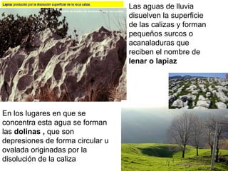 En los lugares en que se
concentra esta agua se forman
las dolinas , que son
depresiones de forma circular u
ovalada originadas por la
disolución de la caliza
Las aguas de lluvia
disuelven la superficie
de las calizas y forman
pequeños surcos o
acanaladuras que
reciben el nombre de
lenar o lapiaz
 