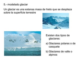 5.- modelado glaciar
Un glaciar es una extensa masa de hielo que se desplaza
sobre la superficie terrestre
Existen dos tipos de
glaciares:
a) Glaciares polares o de
casquete
b) Glaciares de valle o
alpinos
 