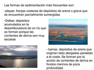 Las formas de sedimentación más frecuentes son:
-playas: franjas costeras de depósitos de arena o grava que
se encuentran parcialmente sumergidas
-Deltas: depósitos
acumulados en la
desembocadura de un río que
se forman porque las
corrientes de deriva son muy
escasas
- barras: depósitos de arena que
originan islas alargadas paralelas
a la costa. Se forman por la
acción de corrientes de deriva en
fondos marinos de poca
profundidad
 