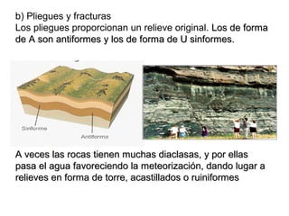 b) Pliegues y fracturas
Los pliegues proporcionan un relieve original. Los de formaLos de forma
de A son antiformes y los de forma de U sinformes.de A son antiformes y los de forma de U sinformes.
A veces las rocas tienen muchas diaclasas, y por ellasA veces las rocas tienen muchas diaclasas, y por ellas
pasa el agua favoreciendo la meteorización, dando lugar apasa el agua favoreciendo la meteorización, dando lugar a
relieves en forma de torre, acastillados o ruiniformesrelieves en forma de torre, acastillados o ruiniformes
 