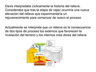Davis interpretaba cíclicamente la historia del relieve.
Consideraba que tras la etapa de vejez ocurriría una nueva
elevación del relieve que experimentaría un
rejuvenecimiento para comenzar de nuevo el proceso
Actualmente se interpreta que un relieve es la consecuencia
de dos tipos de proceso los externos que favorecen la
nivelación del terreno y los internos crea dores del relieve
 