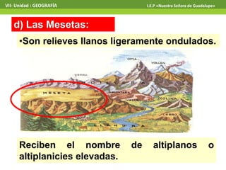 VII- Unidad : GEOGRAFÍA I.E.P «Nuestra Señora de Guadalupe» 
d) Las Mesetas: 
•Son relieves llanos ligeramente ondulados. 
Reciben el nombre de altiplanos o 
altiplanicies elevadas. 
 