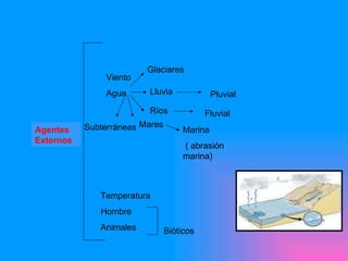 Agentes Externos Viento Agua  Glaciares Lluvia Ríos  Mares Subterráneas Pluvial Fluvial Marina ( abrasión marina) Temperatura Hombre Animales Bióticos 