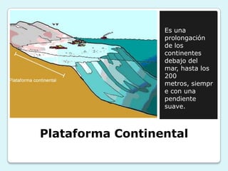 Es una
prolongación
de los
continentes
debajo del
mar, hasta los
200
metros, siempr
e con una
pendiente
suave.

Plataforma Continental

 