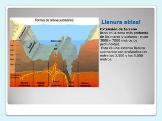 Llanura abisal
Extensión de terreno
llano en la zona más profunda
de los mares y océanos; entre
3000 y 7000 metros de
profundidad.
Esta es una extensa llanura
submarina con profundidades
entre los 3.500 y los 5.500
metros.

 