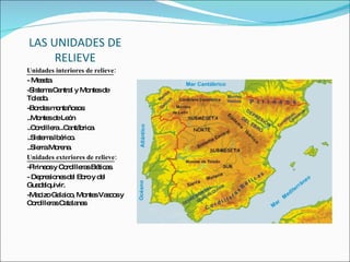LAS UNIDADES DE RELIEVE Unidades interiores de relieve : - Meseta. -Sistema Central y Montes de Toledo. -Bordes montañosos: ..Montes de León ..Cordillera ..Cantábrica. ..Sistema Ibérico. ..Sierra Morena. Unidades exteriores de relieve : -Pirineos y Cordilleras Béticas. - Depresiones del Ebro y del Guadalquivir. -Macizo Galaico, Montes Vascos y Cordilleras Catalanas 