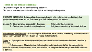 Teoría de las placas tectónica:
*Explica el origen de los continentes y océanos.
*La teoría sostiene que la litosfera se divide en siete grandes placas.
FUERZAS INTERNAS: Originan las desigualdades del relieve terrestre producto de los
procesos que ocurren en las fracturas que limitan las placas tectónicas.
Zonas: 1.- Divergencia o separación de placas Afloramiento de magma.
2.- Convergencia colisionan las placas Originan montañas y áreas volcánicas
Movimientos diastróficos: Ocasionan perturbaciones de la corteza terrestre y actúan de forma
horizontal y vertical. Elevan o bajan las rocas de la litosfera.
Tipos: 1.- Epirogénicos: Movimientos imperceptibles formadores de continentes, llanuras y
mesetas.
2.-Orogénicos: Movimientos violentos formadores de montañas de plegamiento
(ondulaciones de la corteza terrestre y montañas de bloques (fallas o rupturas de bloques de
la corteza)
 