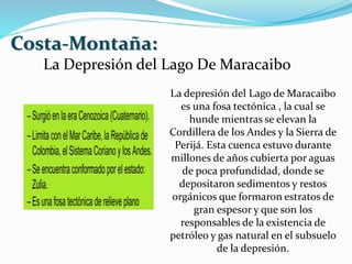 Costa-Montaña:
La Depresión del Lago De Maracaibo
La depresión del Lago de Maracaibo
es una fosa tectónica , la cual se
hunde mientras se elevan la
Cordillera de los Andes y la Sierra de
Perijá. Esta cuenca estuvo durante
millones de años cubierta por aguas
de poca profundidad, donde se
depositaron sedimentos y restos
orgánicos que formaron estratos de
gran espesor y que son los
responsables de la existencia de
petróleo y gas natural en el subsuelo
de la depresión.
 