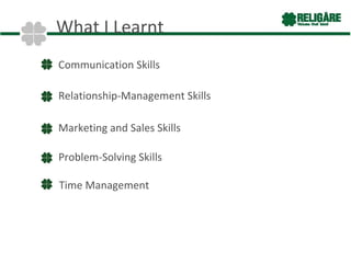 What I Learnt
Communication Skills

Relationship-Management Skills

Marketing and Sales Skills

Problem-Solving Skills

Time Management
 