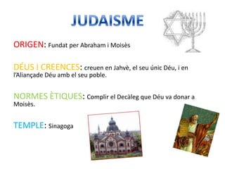 ORIGEN: Fundat per Abraham i Moisès

DÉUS I CREENCES: creuen en Jahvè, el seu únic Déu, i en
l’Aliançade Déu amb el seu poble.


NORMES ÈTIQUES: Complir el Decàleg que Déu va donar a
Moisès.


TEMPLE: Sinagoga
 