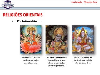 Sociologia – Terceiro Ano
• Politeísmo hindu:
BRAHMA – Criador
do Cosmos e dos
demais deuses
VISHNU – Protetor da
humanidade e tem
várias encarnações
terrenas (avatares)
SHIVA – O poder da
destruição e o ciclo
das encarnações
RELIGIÕES ORIENTAIS
 