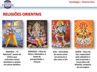 Sociologia – Terceiro Ano
KRISHNA – “O
Adorável”, avatar de
Vishnu que
enfrentou vários
demônios e ajudou
em várias batalhas
GANESHA – Filho de
Shiva e Mahadevi, é
fonte de
prosperidade e
fortuna
KALI – Divindade
da morte como
um processo e
não como o fim
SURYA – Deus do
Sol, responsável
pela sabedoria e
está associado a
Arura (deus da
Manhã), condutos
da carruagem
RELIGIÕES ORIENTAIS
 