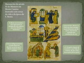 Manuscrito do século XI do Mosteiro de Monte Cassino ilustrado com cenas da vida e da época de S. Bento.S. Bento escrevendo a sua regra para os monges da sua ordem e nos seus últimos momentoso funeral de S. Bento e a visão que dois monges, muito distantes um do outro, tiveram do caminho que conduziria ao céua louca milagrosamente curada depois de dormir na gruta que S. Bento ocupara como eremitae S. Gregório depois de terminar a sua Vida de S. Bento, de que estas ilustrações fazem parte