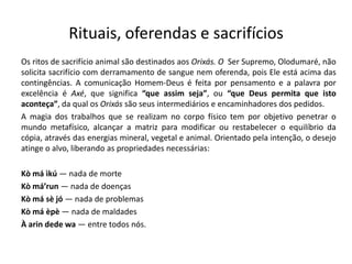 Rituais, oferendas e sacrifícios
Os ritos de sacrifício animal são destinados aos Orixás. O Ser Supremo, Olodumaré, não
solicita sacrifício com derramamento de sangue nem oferenda, pois Ele está acima das
contingências. A comunicação Homem-Deus é feita por pensamento e a palavra por
excelência é Axé, que significa “que assim seja”, ou “que Deus permita que isto
aconteça”, da qual os Orixás são seus intermediários e encaminhadores dos pedidos.
A magia dos trabalhos que se realizam no corpo físico tem por objetivo penetrar o
mundo metafísico, alcançar a matriz para modificar ou restabelecer o equilíbrio da
cópia, através das energias mineral, vegetal e animal. Orientado pela intenção, o desejo
atinge o alvo, liberando as propriedades necessárias:

Kò má ìkú — nada de morte
Kò má’run — nada de doenças
Kò má sè jó — nada de problemas
Kò má èpè — nada de maldades
À arin dede wa — entre todos nós.
 