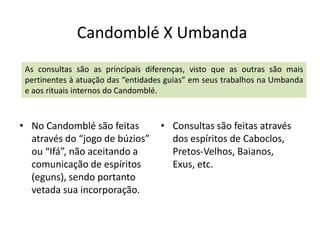 Candomblé X Umbanda
 As consultas são as principais diferenças, visto que as outras são mais
 pertinentes à atuação das “entidades guias” em seus trabalhos na Umbanda
 e aos rituais internos do Candomblé.



• No Candomblé são feitas           • Consultas são feitas através
  através do “jogo de búzios”         dos espíritos de Caboclos,
  ou “Ifá”, não aceitando a           Pretos-Velhos, Baianos,
  comunicação de espíritos            Exus, etc.
  (eguns), sendo portanto
  vetada sua incorporação.
 