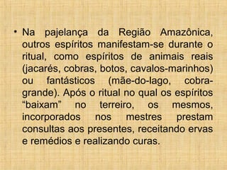 • Na pajelança da Região Amazônica,
outros espíritos manifestam-se durante o
ritual, como espíritos de animais reais
(jacarés, cobras, botos, cavalos-marinhos)
ou fantásticos (mãe-do-lago, cobra-
grande). Após o ritual no qual os espíritos
“baixam” no terreiro, os mesmos,
incorporados nos mestres prestam
consultas aos presentes, receitando ervas
e remédios e realizando curas.
 