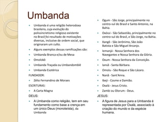 Umbanda


Umbanda é uma religião heterodoxa
brasileira, cuja evolução do
polissincretismo religioso existente
no Brasil foi resultado de motivações
diversas, inclusive de ordem social, que
originaram um culto.



Ogum - São Jorge, principalmente no
centro-sul do Brasil e Santo Antonio, na
Bahia.



Oxóssi - São Sebastião, principalmente no
centro-sul do Brasil, e São Jorge, na Bahia.



Xangô - São Jerônimo, São João
Batista e São Miguel Arcanjo.



Iemanjá - Nossa Senhora dos
Navegantes e Nossa Senhora da Glória.



Alguns exemplos dessas ramificações são:



Umbanda Branca e/ou de Mesa



Omolokô



Oxum - Nossa Senhora da Conceição.



Umbanda Traçada ou Umbandomblé



Iansã - Santa Bárbara.



Umbanda Esotérica



Omolu - São Roque e São Lázaro.



Nanã - Sant'Anna.



Ibeji - Cosme e Damião.



Oxalá - Jesus Cristo.



Zambi ou Olorum - Deus.

FUNDADOR:


Zélio Fernandino de Moraes

ESCRITURAS:


A Carta Magna

DEUS:


A Umbanda como religião, tem em seu
fundamento como base a crença em
um único Deus (monoteísta), da
Umbanda

JESUS:


A figura de Jesus para a Umbanda é
representada por Oxalá, associado à
criação do mundo e da espécie
humana.

 