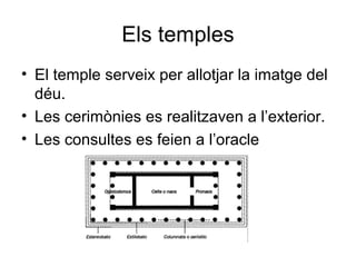 Els temples 
• El temple serveix per allotjar la imatge del 
déu. 
• Les cerimònies es realitzaven a l’exterior. 
• Les consultes es feien a l’oracle 
 