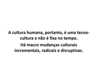 A cultura humana, portanto, é uma tecno-
cultura e não é fixa no tempo.
Há macro mudanças culturais
incrementais, radicais e disruptivas.
 