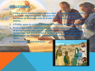 SOLUCIONES
1. Porque vieron cuánto amaba Jacob a José y empezaron a sentir envidia
   y a odiarlo. Además cuando José tuvo dos sueños, en los que sus
   hermanos se inclinaban ante él, el odio de sus hermanos se hizo peor
   todavía.
2. A Putifar, quien le confió el gobierno de su casa y de todas sus cosas.
3. En el primer sueño, le parecía ver salir del Nilo siete vacas gordas, que
   se ponían a pacer lejos del rio, en lugares pantanosos, y otras siete
   demacradas, que pastaban sobre la ribera del rio. Estas, acometiendo a
   las primeras, las deboraron, quedando como antes hambrientas y
   flacas.
4. Se reecontró con sus hermanos.
 