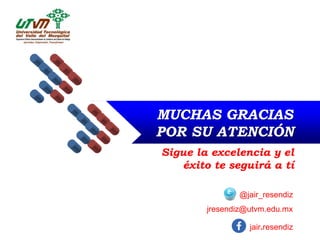 Company Logo

MUCHAS GRACIAS
POR SU ATENCIÓN
Sigue la excelencia y el
éxito te seguirá a tí
@jair_resendiz
jresendiz@utvm.edu.mx
jair.resendiz

 