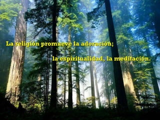 La religión promueve la adoración;  la espiritualidad, la meditación. 