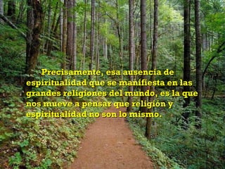 Precisamente, esa ausencia de espiritualidad que se manifiesta en las grandes religiones del mundo, es la que nos mueve a pensar que religión y espiritualidad no son lo mismo. 