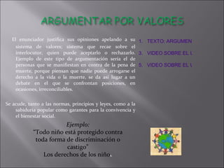    El enunciador justifica sus opiniones apelando a su sistema de valores; sistema que recae sobre el interlocutor, quien puede aceptarlo o rechazarlo. Ejemplo de este tipo de argumentación sería el de personas que se manifiestan en contra de la pena de muerte, porque piensan que nadie puede arrogarse el derecho a la vida o la muerte, se da así lugar a un debate en el que se confrontan posiciones, en ocasiones, irreconciliables. Se acude, tanto a las normas, principios y leyes, como a la sabiduría popular como garantes para la convivencia y el bienestar social.   Ejemplo: “ Todo niño está protegido contra toda forma de discriminación o castigo” Los derechos de los niño s . TEXTO: ARGUMENTAR POR VALORES VIDEO SOBRE EL USO DE LA ARGUMENTACIÓN POR VALORES VIDEO SOBRE EL USO DE LA ARGUMENTACIÓN POR VALORES   