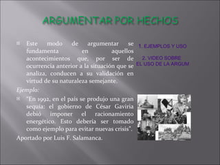 Este modo de argumentar se fundamenta en aquellos acontecimientos que, por ser de ocurrencia anterior a la situación que se analiza, conducen a su validación en virtud de su naturaleza semejante. Ejemplo: “ En 1992, en el país se produjo una gran sequía: el gobierno de César Gaviria debió imponer el racionamiento energético. Esto debería ser tomado como ejemplo para evitar nuevas crisis”. Aportado por Luis F. Salamanca.   1 . EJEMPLOS Y USO 2. VIDEO SOBRE  EL USO DE LA ARGUMENTACIÓN POR HECHOS 