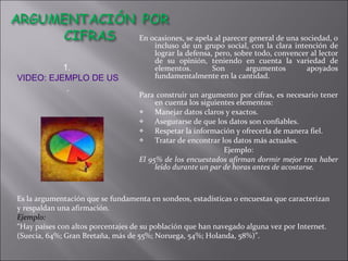 En ocasiones, se apela al parecer general de una sociedad, o incluso de un grupo social, con la clara intención de lograr la defensa, pero, sobre todo, convencer al lector de su opinión, teniendo en cuenta la variedad de elementos. Son argumentos apoyados fundamentalmente en la cantidad.  Para construir un argumento por cifras, es necesario tener en cuenta los siguientes elementos: Manejar datos claros y exactos.  Asegurarse de que los datos son confiables. Respetar la información y ofrecerla de manera fiel. Tratar de encontrar los datos más actuales. Ejemplo: El 95% de los encuestados afirman dormir mejor tras haber leído durante un par de horas antes de acostarse. 1.  VIDEO: EJEMPLO DE USO DE LA ARGUMENTACIÓN POR CIFRAS . Es la argumentación que se fundamenta en sondeos, estadísticas o encuestas que caracterizan y respaldan una afirmación.  Ejemplo: “ Hay países con altos porcentajes de su población que han navegado alguna vez por Internet. (Suecia, 64%; Gran Bretaña, más de 55%; Noruega, 54%; Holanda, 58%)”.  