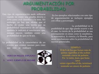 Este tipo de argumentación suele utilizarse cuando no existe una prueba directa y sirve como aval científico a la tesis. Sin embargo, no hay que olvidar que el hecho de avalar una teoría por su probabilidad matemática de ser cierta, también le indicará al interlocutor que, aunque menor, también existe una probabilidad de que no lo sea. La probabilidad es la característica de un evento, que existen razones para creer que éste se realizará En los ejemplos relacionados con este tipo de argumentación se incluyen ejemplos con cifras y porcentajes.   La probabilidad es la posibilidad de que algo pueda ocurrir o sea el caso. La teoría de la probabilidad se usa extensamente en áreas como la estadística, la matemática, la ciencia y la filosofía, para sacar conclusiones sobre la probabilidad de sucesos potenciales.  VIDEO EN INGLES: EXPLICACIÓN SOBRE EL USO DE LA PROBABILIDAD VIDEO: EJEMPLO DE ARGUMENTACIÓN POR PROBABILIDAD EJEMPLO: El 80% de los que fuman más de  quince cigarrillos al día acaban  teniendo cáncer de pulmón.  Por  lo tanto, Juan, que fuma unos  veinte cigarrillos al día, terminará  teniendo un cáncer de pulmón . 