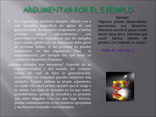 Los argumentos mediante ejemplos ofrecen uno o más ejemplos específicos en apoyo de una generalización. Es necesario preguntarse  ¿Cuántas premisas apoyan adecuadamente una generalización?  Un requisito es que los ejemplos sean ciertos, puesto que un argumento debe partir de premisas fiables. Si las premisas no pueden sustentarse, no hay argumento. Para  la argumentación, por ejemplo hay que tener en cuenta los siguientes elementos.  ¿cuántos ejemplos son necesarios? Depende de su representatividad y del tamaño del conjunto acerca del cual se hace la generalización. Usualmente los conjuntos grandes requieren más ejemplos. Cuando elabore su propio argumento, no confíe sólo en el primer ejemplo que le venga a la cabeza. Los tipos de ejemplos en los que usted, probablemente, piensa de inmediato, es probable que estén sesgados. Una vez más haga lecturas, piense cuidadosamente en las muestras apropiadas y sea honesto buscando  contraejemplos . Ejemplo: “ Algunos países desarrollados aprovechan sus desechos: Alemania recicla el papel usado desde hace años, mientras que Japón fabrica objetos de plástico con material ya usado”.   PARA EL USO DE LOS ARGUMENTOS POR EJEMPLO 
