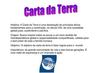 Carta da Terra História: A Carta da Terra é uma declaração de princípios éticos fundamentais para a construção, no século XXI, de uma sociedade global justa, sustentável e pacífica. Origem: Busca inspirar todos os povos a um novo sentido de interdependência global e responsabilidade compartilhada, voltado para o bem-estar de toda a família humana. Objetivo: O objetivo da carta da terra é fazer regras para o  mundo. Importância: da grande comunidade da vida e das futuras gerações. É uma visão de esperança e um chamado à ação.  
