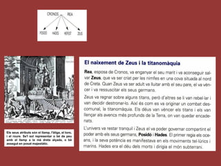 Els seus atributs són el llamp, l'àliga, el toro,
i el roure. Se'l sol representar o bé de peu
amb el llamp a la mà dreta alçada, o bé
assegut en posat majestàtic.
 