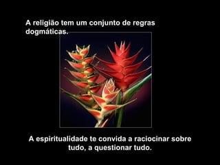 A religião tem um conjunto de regras
dogmáticas.




A espiritualidade te convida a raciocinar sobre
            tudo, a questionar tudo.
 