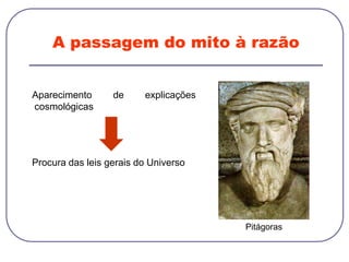 A passagem do mito à razão
Aparecimento de explicações
cosmológicas
Procura das leis gerais do Universo
Pitágoras
 
