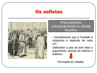 Os sofistas
- Consideraram que a Verdade é
subjectiva e depende de cada
um;
- Defendem a arte de bem falar e
argumentar, através da retórica e
dialética
Formação do cidadão
Preocupações
antropocêntricas no debate
filosófico
 
