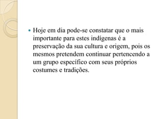    Hoje em dia pode-se constatar que o mais
    importante para estes indígenas é a
    preservação da sua cultura e origem, pois os
    mesmos pretendem continuar pertencendo a
    um grupo específico com seus próprios
    costumes e tradições.
 