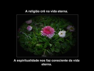 A religião crê na vida eterna.




A espiritualidade nos faz consciente da vida
                   eterna.
 