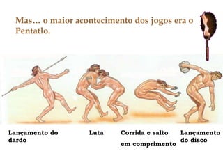 Mas… o maior acontecimento dos jogos era o Pentatlo. Lançamento do dardo Luta Corrida e salto em comprimento Lançamento do disco 