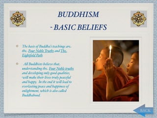 BUDDHISM
                   - BASIC BELIEFS

The basis of Buddha’s teachings are
the Four Noble Truths and The
Eightfold Path.

 A, Buddhists believe that
understanding the Four Noble truths
and developing only good qualities,
wi, make their lives truly peaceful
and happy. In the end it wi, lead to
everlasting peace and happiness of
enlightment, which is also ca,ed
Buddhahood.



                                       BACK
 