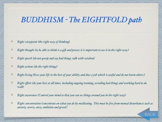 BUDDHISM - The EIGHTFOLD path

Right viewpoint (the right way of thinking)

Right thought (to be able to think is a gi* and power, it is important to use it in the right way.)

Right speech (do not gossip and say bad things, talk with wisdom)

Right actions (do the right things)

Right living (lives your life to the best of your ability and does a job which is useful and do not harm others.)

Right eﬀort (do your best at a, times, including ongoing training, avoiding bad things and working hard to do
we,).

Right awareness (Control your mind so that you can see things around you in the right way).

Right concentration (concentrate on what you do by meditating. This must be "ee "om mental disturbances such as
anxiety, worry, envy, ambition and greed.)

                                                                                                                BACK
 