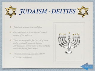 JUDAISM - DEITIES

Judaism is a monotheistic religion.

God is believed to be the one and eternal
creator of the universe.

There are many titles for God, a, of them
trying to describe some attribute or
attributes, but no real name as he is not fu,y
knowable by our ﬁnite minds.

The most commonly used title is ‫יהוה‬
(YHVH - or Yahweh)



                                                 BACK
 