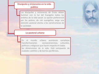 Discípulos y misioneros en la vida 
pública 
Los discípulos y misioneros de Cristo deben 
iluminar con la luz del Evangelio todos los 
ámbitos de la vida social. La opción preferencial 
por los pobres, de raíz evangélica, exige una 
atención pastoral atenta a los constructores de 
la sociedad. 
La pastoral urbana 
En el mundo urbano acontecen complejas 
transformaciones socioeconómicas, culturales, 
políticas y religiosas que hacen impacto en todas 
las dimensiones de la vida. Está compuesto de 
ciudades satélites y de barrios periféricos. 
 