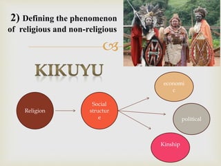 
Religion
Social
structur
e
economi
c
political
Kinship
2) Defining the phenomenon
of religious and non-religious
 