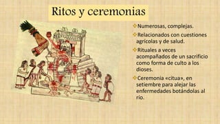 Ritos y ceremonias
Numerosas, complejas.
Relacionados con cuestiones
agrícolas y de salud.
Rituales a veces
acompañados de un sacrificio
como forma de culto a los
dioses.
Ceremonia «citua», en
setiembre para alejar las
enfermedades botándolas al
río.
 