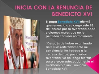  El pontífice, que el 19 de
  abril de 2005 fue elegido
  papa en el segundo día de
  cónclave y al cuarto
  escrutinio, ...