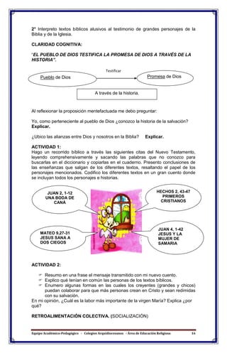Equipo Académico-Pedagógico - Colegios Arquidiocesanos - Área de Educación Religiosa 16
2° Interpreto textos bíblicos alusivos al testimonio de grandes personajes de la
Biblia y de la Iglesia.
CLARIDAD COGNITIVA:
“EL PUEBLO DE DIOS TESTIFICA LA PROMESA DE DIOS A TRAVÉS DE LA
HISTORIA”.
Al reflexionar la proposición mentefactuada me debo preguntar:
Yo, como perteneciente al pueblo de Dios ¿conozco la historia de la salvación?
Explicar.
¿Ubico las alianzas entre Dios y nosotros en la Biblia? Explicar.
ACTIVIDAD 1:
Hago un recorrido bíblico a través las siguientes citas del Nuevo Testamento,
leyendo comprehensivamente y sacando las palabras que no conozco para
buscarlas en el diccionario y copiarlas en el cuaderno. Presento conclusiones de
las enseñanzas que salgan de los diferentes textos, resaltando el papel de los
personajes mencionados. Codifico los diferentes textos en un gran cuento donde
se incluyan todos los personajes e historias.
ACTIVIDAD 2:
 Resumo en una frase el mensaje transmitido con mi nuevo cuento.
 Explico qué tenían en común las personas de los textos bíblicos.
 Enumero algunas formas en las cuales los creyentes (grandes y chicos)
puedan colaborar para que más personas crean en Cristo y sean redimidas
con su salvación.
En mi opinión, ¿Cuál es la labor más importante de la virgen María? Explica ¿por
qué?
RETROALIMENTACIÓN COLECTIVA. (SOCIALIZACIÓN)
Pueblo de Dios Promesa de Dios
Testificar
A través de la historia.
JUAN 2, 1-12
UNA BODA DE
CANÁ
MATEO 9,27-31
JESUS SANA A
DOS CIEGOS
HECHOS 2, 43-47
PRIMEROS
CRISTIANOS
JUAN 4, 1-42
JESUS Y LA
MUJER DE
SAMARIA
 